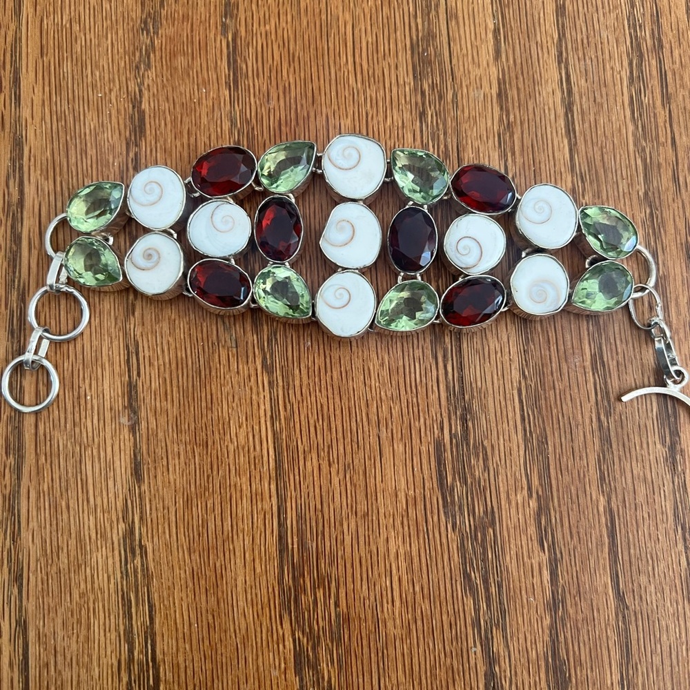 Sterling Silver Shiva Eye Shells, Garnet & Peridot Statement Bracelet